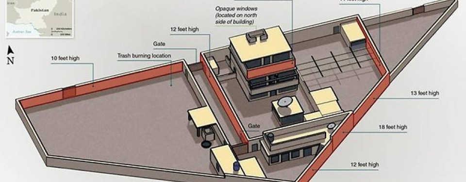 Sebuah peta yang menggambarkan secara detail persembunyian Usamah bin Ladin. Tembok rumah tersebut setinggi 18 meter. 