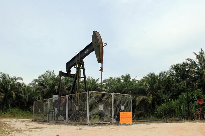 Sebuah pompa minyak beroperasi di ladang sumur Blok Rokan areal kerja Tanah Putih Tanjung Melawan Rokan Hilir, Riau