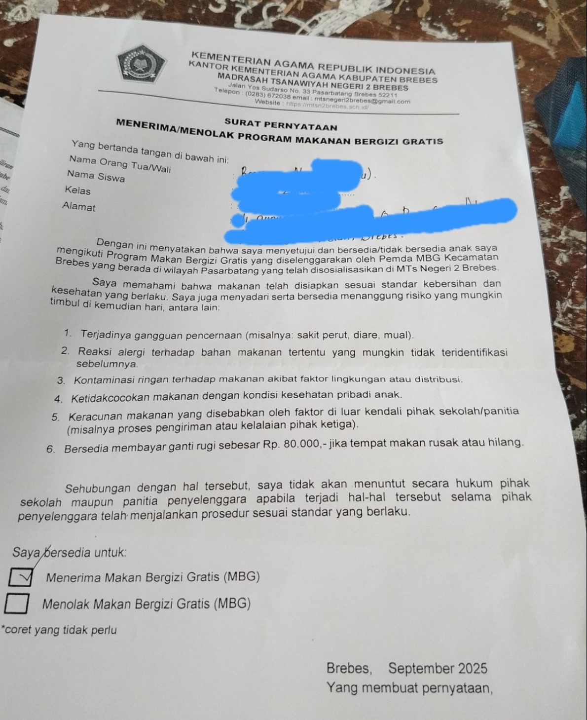 Viral Orang Tua Murid MTs 2 Brebes Diminta Terima MBG dengan Potensi Risiko, Termasuk Keracunan