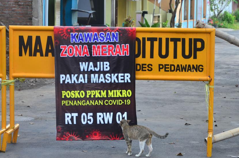 Seekor kucing mengendus poster bertuliskan kawasan zona merah COVID-19 di jalan desa yang ditutup akibat karantina wilayah di Desa Pedawang, Kudus, Jawa Tengah, Selasa (1/6/2021). Akibat lonjakan tajam kasus COVID-19 pascalebaran di kabupaten itu, sebanyak 42 desa masuk zona merah COVID-19 dan menerapkan aturan Pemberlakuan Pembatasan Kegiatan Masyarakat (PPKM) skala mikro untuk mencegah penularan COVID-19. 