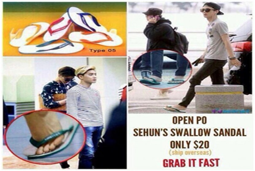 Sehun dari boyband Korea, EXO sedang memakai sandal jepit Swallow