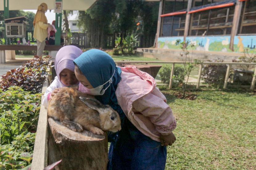 Sejumlah anak bermain dengan keilnci di taman kelinci Bambu Apus, Jakarta Timur. Pemkot Jaktim kembali membangun empat taman baru sebagai area terbuka hijau.