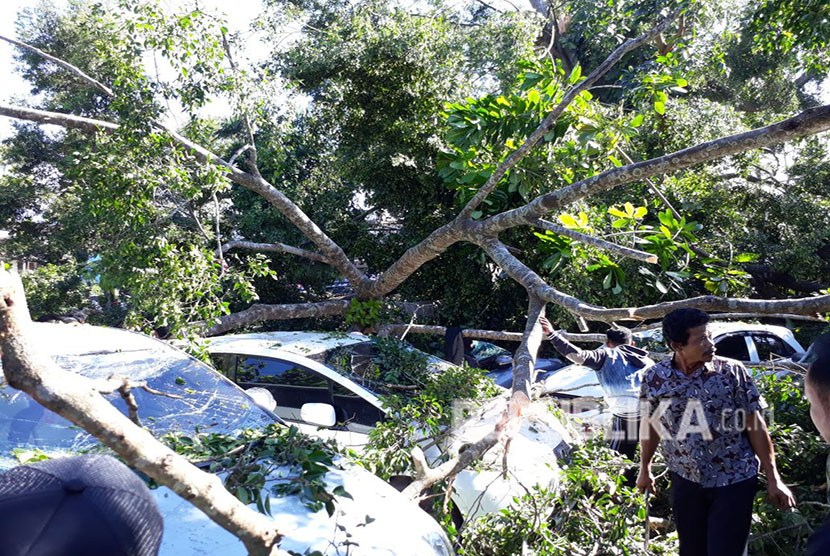 Sejumlah kendaraan rusak tertimpa pohon di halaman depan RSUD Syamsudin SH Kota Sukabumi akibat diterjang angin kencang Kamis (26/4) pagi.