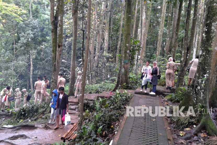 Sejumlah mahasiswa menikmati suasana hutan pada acara Rekreasi Akademik Wicara Hutan Sosial di Tahura Juanda, Kota Bandung, Rabu (28/11)