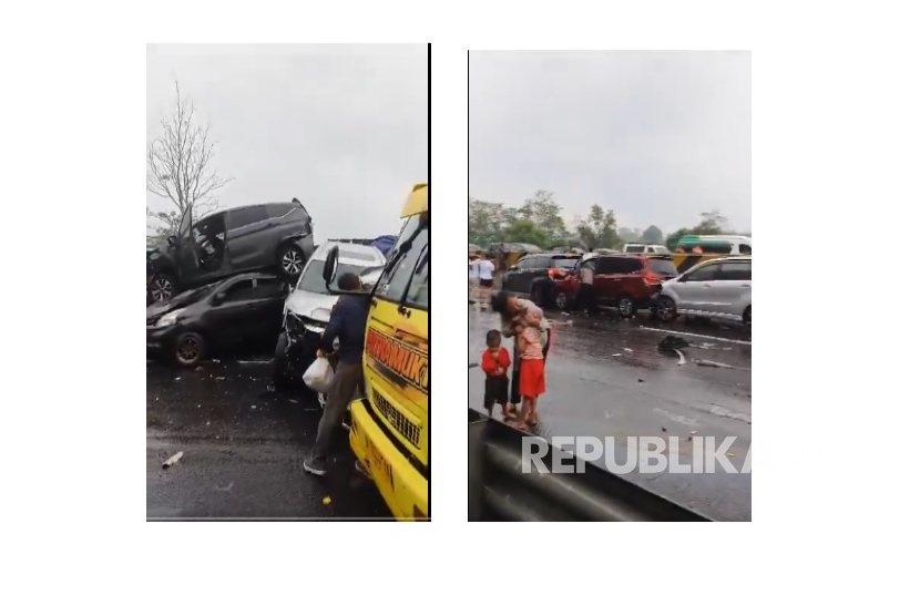 Sejumlah mobil dan truk saling bertabrakan di Tol Cipularang, Bandung, Jawa Barat, Senin (11/11/2024).