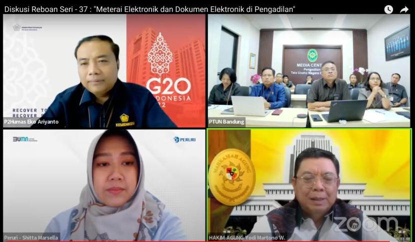 Sejumlah pembicara dalam Diskusi Reboan ke-37 yang diselenggarakan oleh PTUN Bandung dengan topik Meterai Elektronik dan Pembuktian Dokumen Elektronik di Pengadilan. 