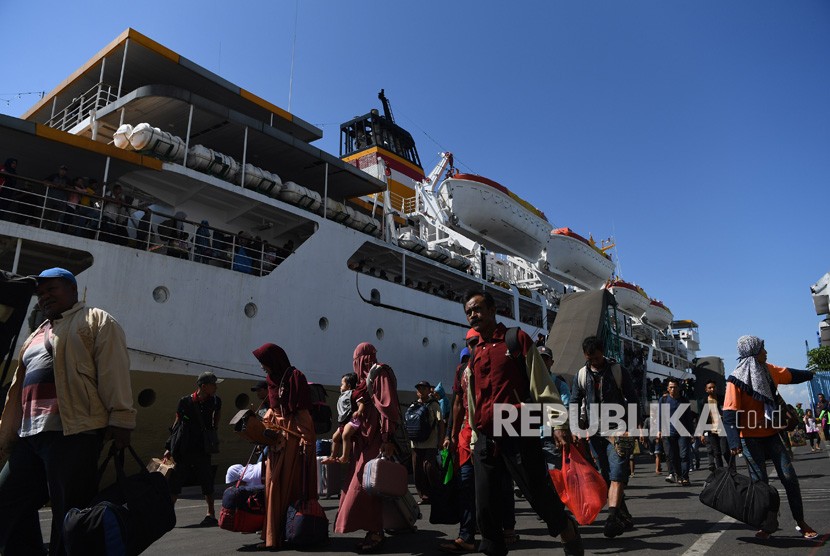 Sejumlah penumpang Kapal Pelni Leuser asal Sampit, Kalimantan Tengah, tiba di Dermaga Gapura Surya Nusantara, Pelabuhan Tanjung Perak, Surabaya, Jawa Timur, Rabu (29/5/2019).