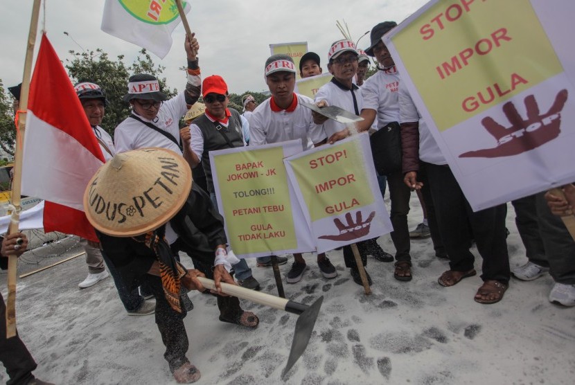 Sejumlah petani tebu melakukan aksi unjuk rasa di depan Istana Merdeka, Jakarta, Senin (28/8).
