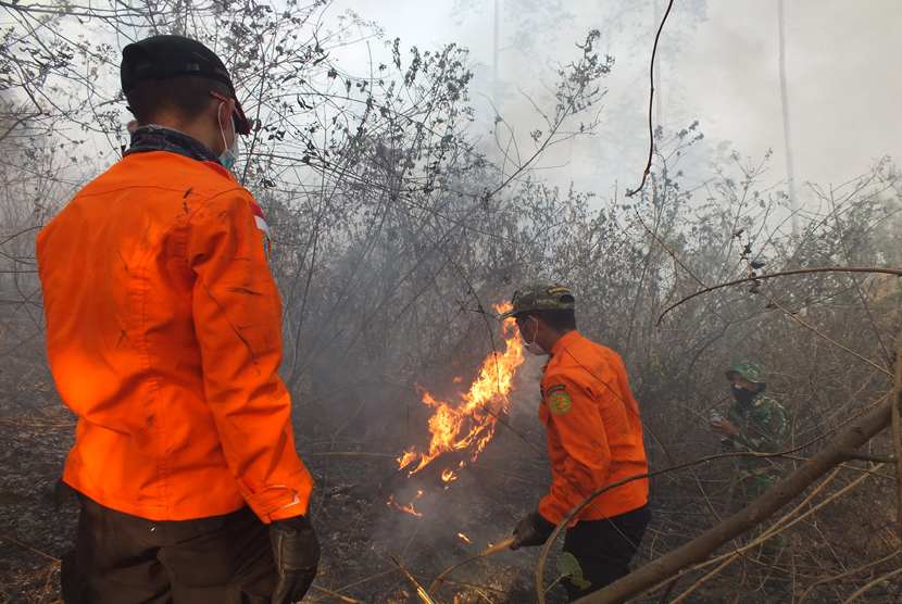  Sejumlah petugas berusaha memadamkan api pada Kebakaran hutan di Gunung kareumbi, Kabupaten Sumedang, Kamis (29/10). 