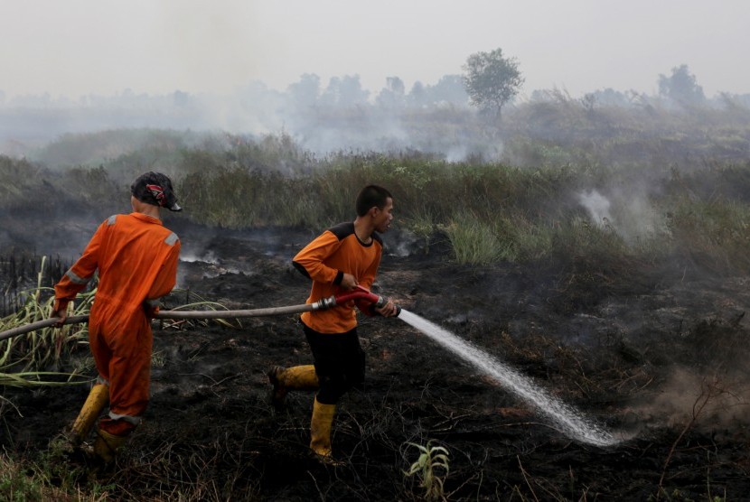 Sejumlah petugas BPBD Propinsi Sumatra Selatan dibantu anggota TNI AD memadamkan kebakaran lahan di Desa Sungai Rambutan, Kecamatan Indralaya Utara, Ogan Ilir (OI), Sumsel. Jumat (9/10). 