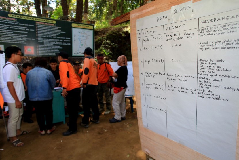   Sejumlah petugas dari berbagai instansi melakukan koordinasi pencarian tujuh orang pendaki Gunung Lawu yang hilang di Pos pendakian Cemoro Kandang di Karanganyar, Jawa Tengah, Rabu (29/7).
