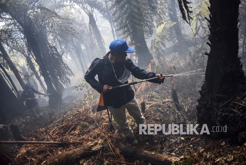 Sejumlah relawan berusaha memadamkan api yang membakar lahan di kawasan Kawah Putih, Kecamatan Pasirjambu, Kabupaten Bandung, Selasa (8/10).