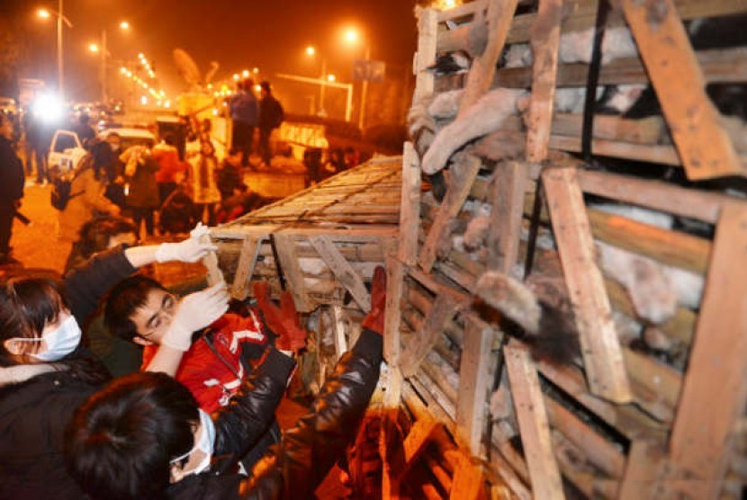 Sejumlah relawan di Changsa berupaya membuka kandang kayu untuk membebaskan seribu ekor kucing terlunta-lunta yang hendak dijual ke restoran.