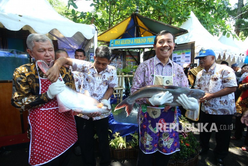 Sekda Jabar Iwa Karniwa (kanan) dan Kepala Dinas Kelautan dan Perikanan Jabar Jafar Ismail menggendong ikan patin pada Festival Lauk Juara dalam acara Gedung Sate Fest, di halaman belakang, Gedung Sate, Kota Bandung, Jumat (16/11). 