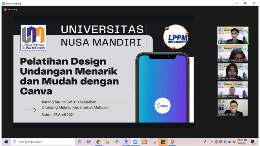 Sekelompok dosen yang tergabung dalam kelompok Pengabdian Masyarakat (PM) dari Universitas Nusa Mandiri (UNM) membantu tingkatkan kualitas anggota karang taruna RT 008/ RW 013 kelurahan Cipinang Melayu, kecamatan Makasar, Jakarta Timur dalam pelatihan ‘Desain Undangan Menarik dan Mudah dengan Canva’.