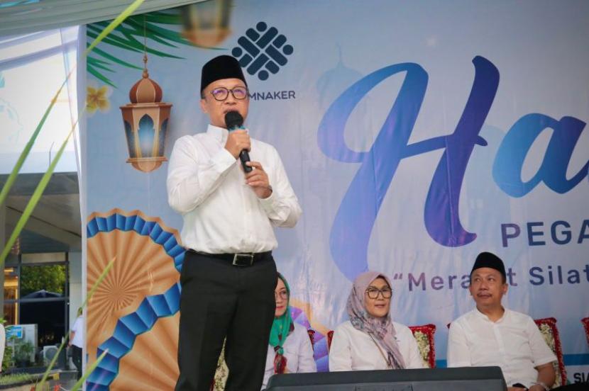 Sekjen Kemnaker Anwar Sanusi dalam acara halalbihalal di Kantor Kemnaker, Jakarta, Selasa (16/4) 