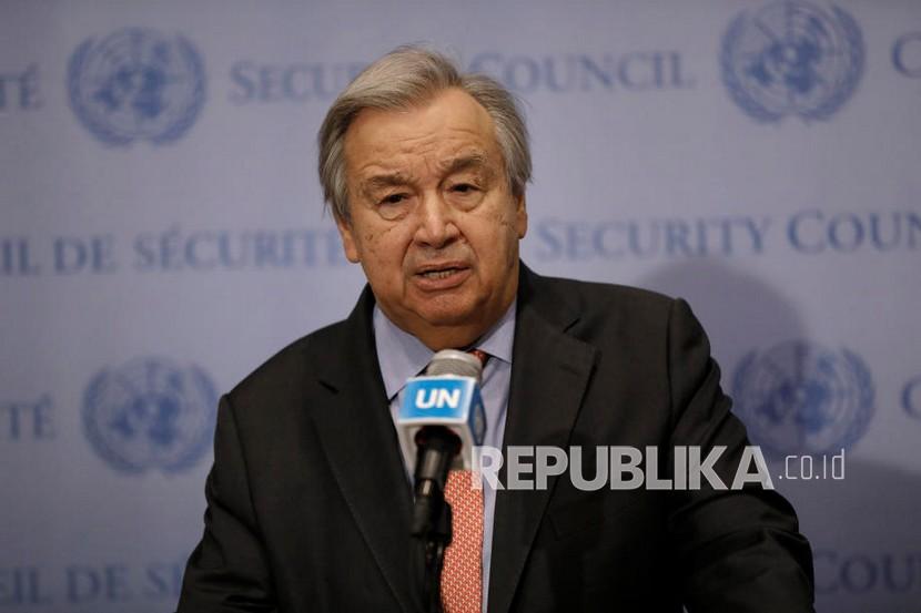 Sekjen PBB Antonio Guterres saat memberikan pernyataannya.