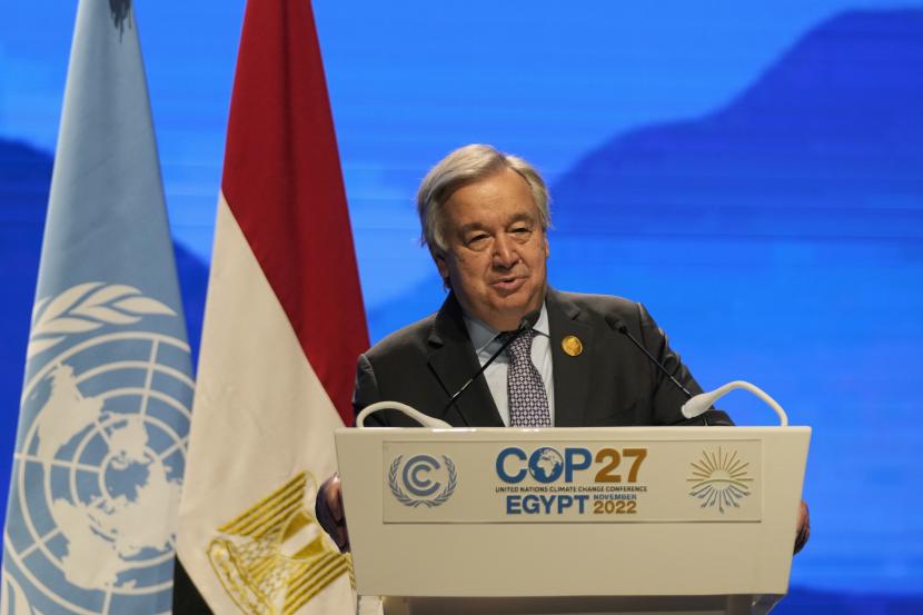  Sekretaris Jenderal Perserikatan Bangsa-Bangsa Antonio Guterres berbicara selama sesi di KTT Iklim PBB COP27, Rabu, 9 November 2022, di Sharm el-Sheikh, Mesir. PBB Fokus Bahas Krisis Pangan dan Energi di KTT G20
