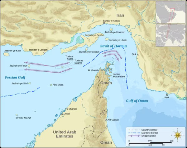Selat Hormuz menghubungkan Teluk Persia dan Teluk Oman. Ancaman blokade selat Hormuz dapat mengancam pasokan minyak dunia.