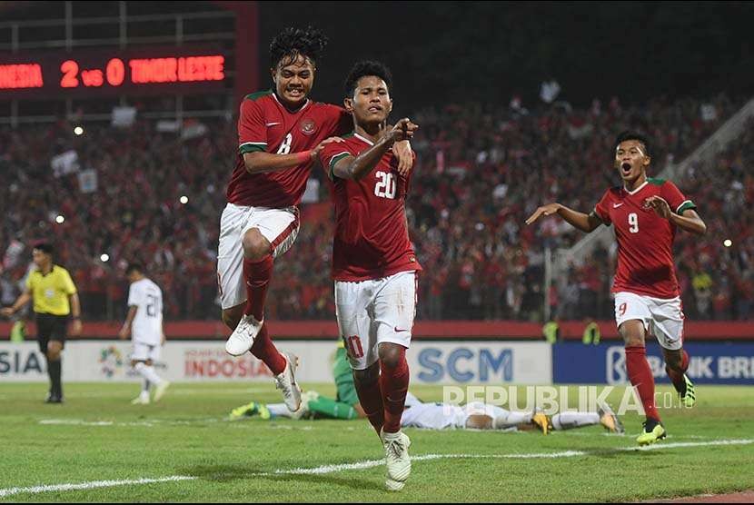 Selebrasi Amirudin Bagus Kahfi (tengah) setelah mencetak gol. 