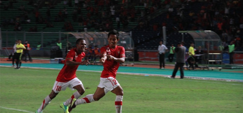 Selebrasi Andik usai melesakkan gol kelima untuk Indonesia. (Republika Online/Fafa)