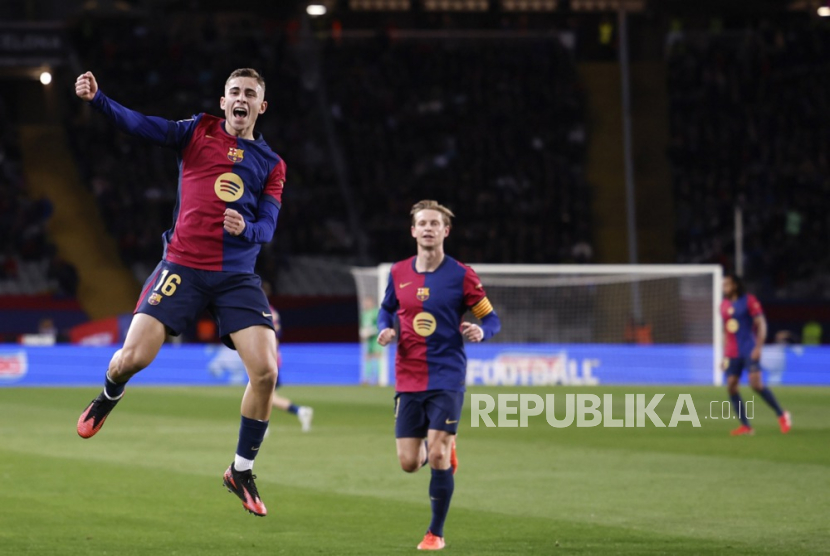 Selebrasi Fermin Lopez seusai menjebol gawang Valencia dalam lanjutan La Liga Spanyol di Stadion Olimpiade Lluis Companys, Barcelona, Senin (27/1/2025) dini hari WIB.