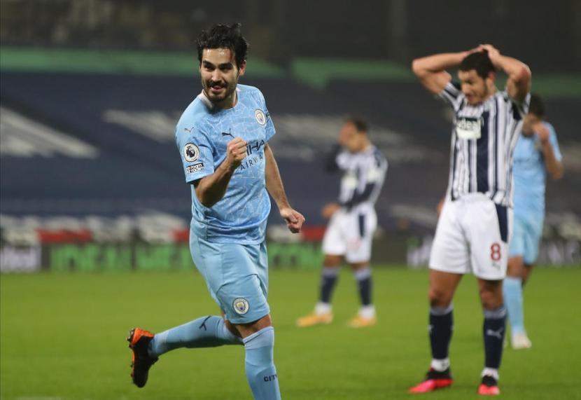 Selebrasi gelandang Manchester City Ilkay Guendogan seusai menjebol gawang West Bromwich Albion.