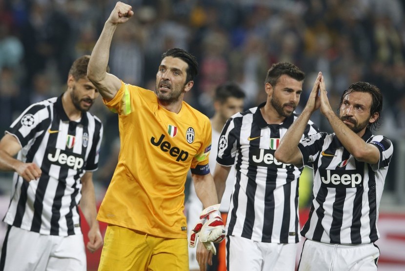 Selebrasi para pemain Juventus usai kalahkan Real Madrid dalam laga leg pertama semi-final liga champions di Stadion Juventus, Rabu (6/5) dini hari WIB.