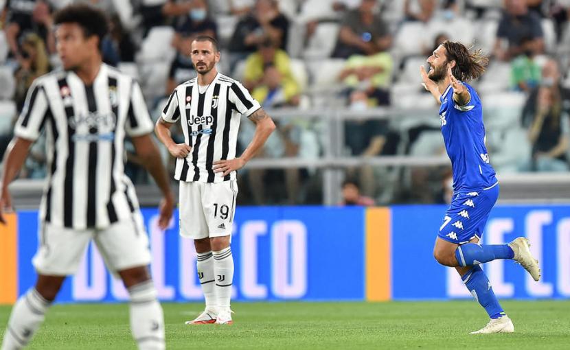 Selebrasi pemain Empoli, Mencuso saat mencetak gol ke gawang Juventus.