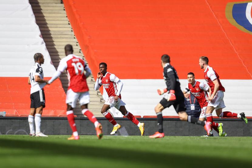 Selebrasi Striker belia Arsenal, Eddie Nketiah melawan Fulham.