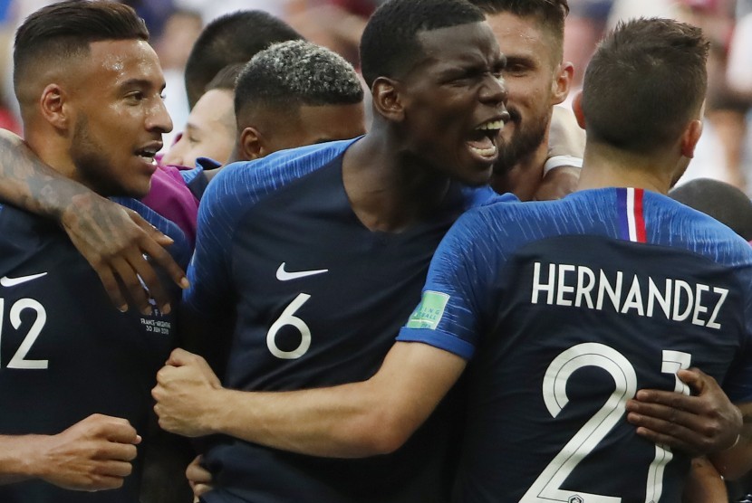 Selebrasi tim Prancis usai menjebol gawang Argentina di Piala Dunia 2018, Rusia