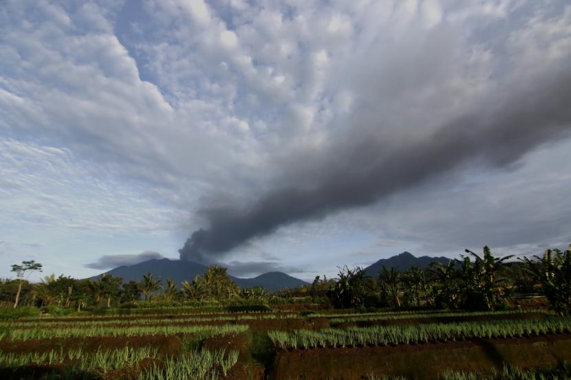 Semburan abu vulkanik Gunung Raung terlihat di Sempol, Songgon, Banyuwangi, Jawa Timur, Selasa (9/2/2021). Berdasarkan pantauan Pos Pengamatan Gunung Api Raung, semburan abu vulkanik intensitas tebal dengan tinggi hingga 2.500 meter di atas puncak kawah mengarah ke timur. 