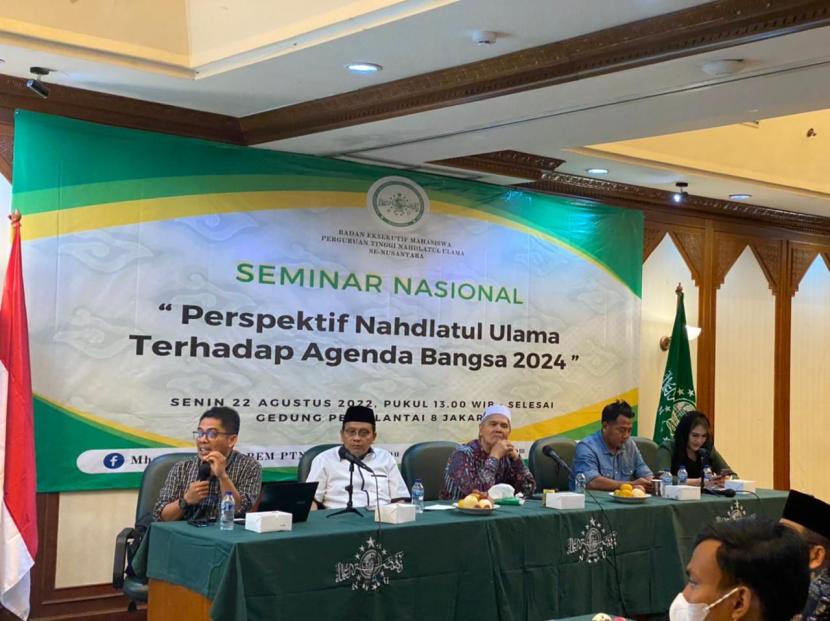 Seminar Nasional, Perspektif Nahdlatul Ulama (NU) Terhadap Agenda Bangsa 2024 yang digelar Badan Eksekutif Mahasiswa Perguruan Tinggi NU di Gedung PBNU, Kramat, Jakarta Pusat, Senin (22/8/2022).