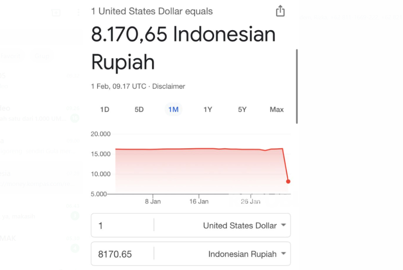 Sempat terjadi kesalahan di Google nilai tukar dolar AS jadi Rp 8.170. 