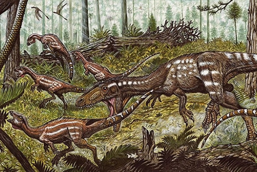 Seniman menggambarkan aktivitas Tachiraptor admirabillis