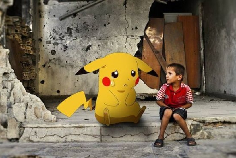 Seniman Suriah Moustafa Jano mengedit foto Pikachu yang menangisi perang di Suriah.
