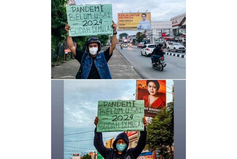 Kolase foto aktivis berpose di depan baliho Puan Maharani dan Airlangga Hartarto menyindir langkah elite politik demi Pilpres 2024 saat Indonesia masih dilanda pandemi Covid-19. (ilustrasi)