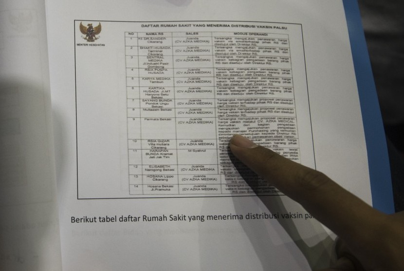 Seorang jurnalis melihat daftar rumah sakit penerima distribusi vaksin palsu yang dirilis dalam rapat kerja antara pemerintah dengan Komisi IX DPR di Kompleks Parlemen, Senayan, Jakarta, Kamis (14/7).