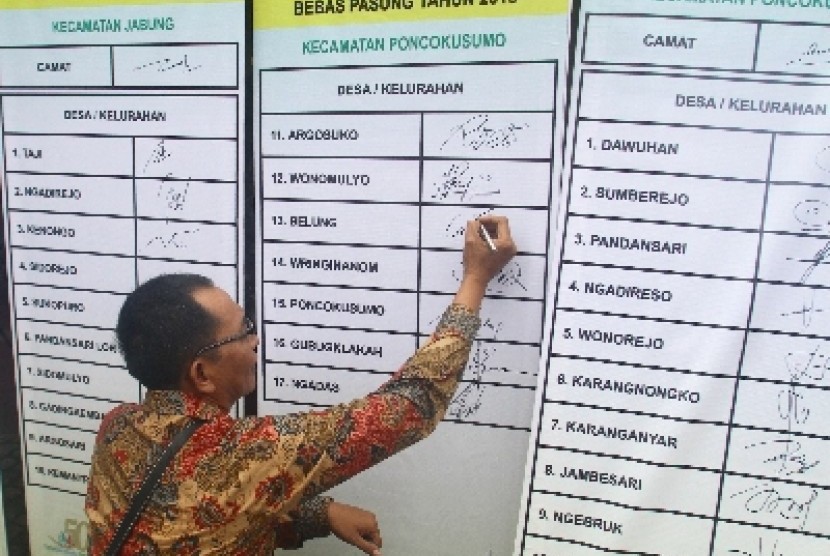 Seorang Kepala Desa membubuhkan tanda tangan sebagai komitmen bersama mendukung daerah bebas pasung di pendopo Kabupaten Malang, Jawa Timur, Rabu (3/12). Kegiatan yang diadakan Dinas Kesehatan itu diikuti sekitar 300 Kepala Desa guna menekan praktik pemasu