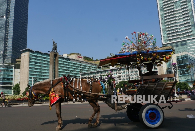 Seorang kusir delman nampak menunggu calon penumpang yang akan menggunakan jasa delmannya untuk berkeliling di kisaran bundaran Hotel Indonesia Jakarta, Ahad (2/7).