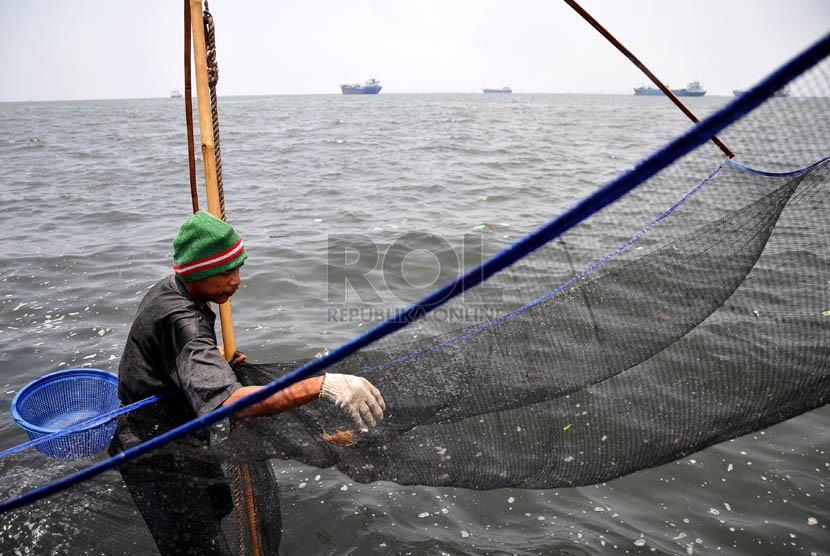 Seorang nelayan mengangkat jaring udang rebon di wilayah pesisir pantai Jakarta Utara, Selasa (8/10). (Republika/Prayogi)