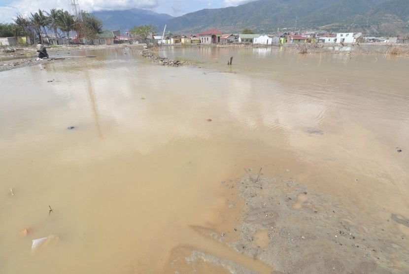Penetapan Lokasi Rawan Bencana: Seorang pengendara melintas di sekitar bekas jalan umum dan kawasan perumahan warga yang telah rata akibat tersapu tsunami, dan kini terendam air laut, di Palu, Sulawesi Tengah, Senin (25/2/2019).