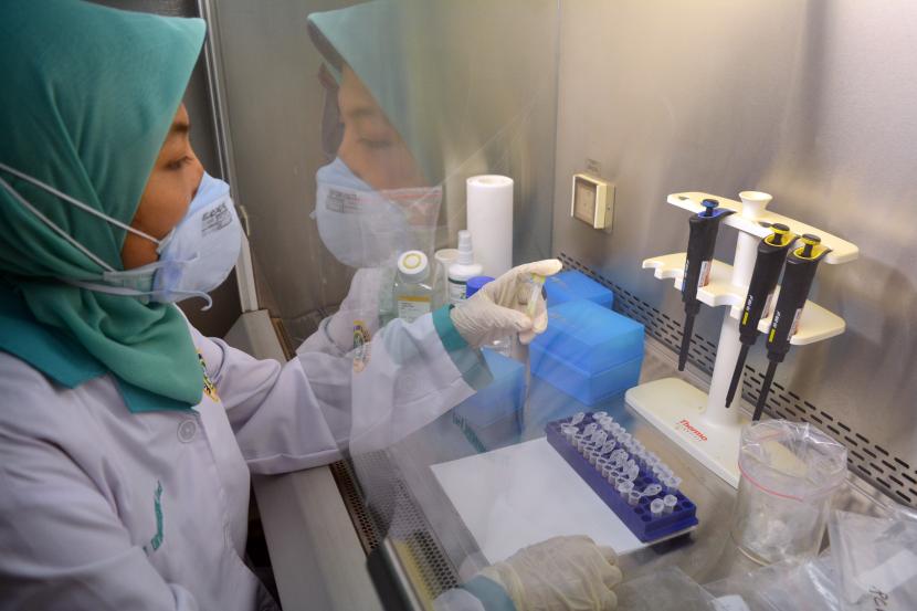 Seorang perempuan tengah memeriksa sampel darah di sebuah laboratorium (ilustrasi)
