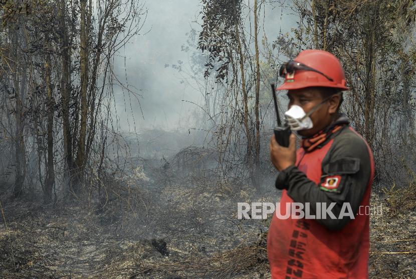 Seorang petugas Manggala Agni melakukan kordinasi saat melakukan pendinginan saat kebakaran hutan di Desa Rimbo Panjang, Kabupaten Kampar, Riau, Selasa (17/9).