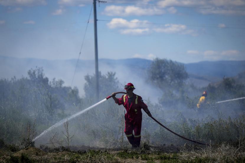 Seorang petugas pemadam kebakaran mengarahkan air ke api rumput yang membakar di areal belakang properti perumahan di Kamloops, British Columbia, Kanada, pada Senin, 5 Juni 2023.