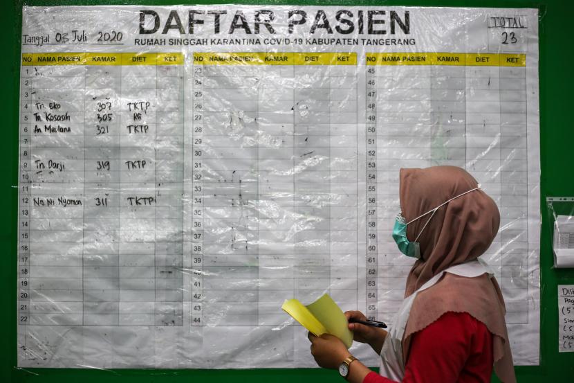 Seorang relawan mendata pasien di rumah karantina Covid-19, Kelapa Dua, Kabupaten Tangerang, Banten.