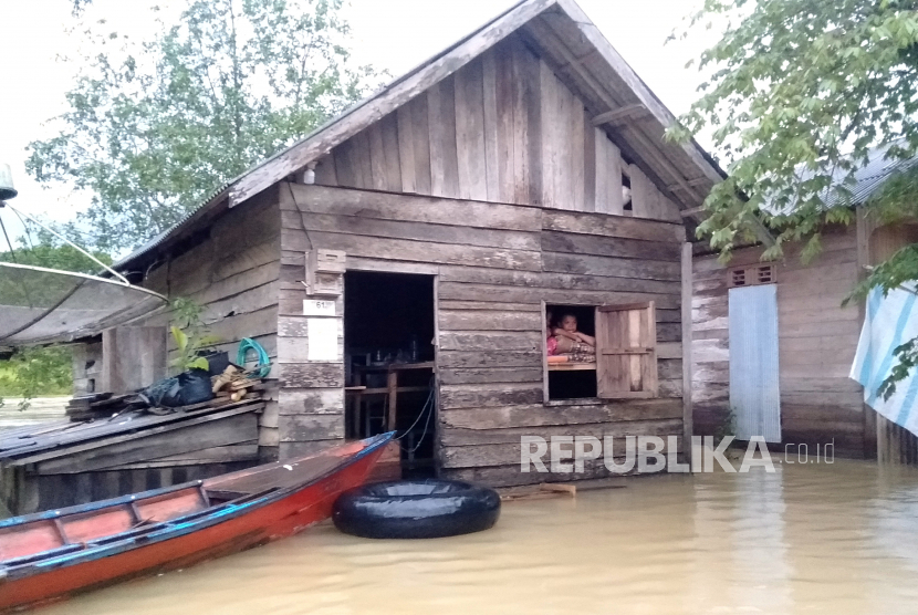Seorang warga di Kalimantan tetap bertahan di rumahnya saat banjir (ilustrasi).