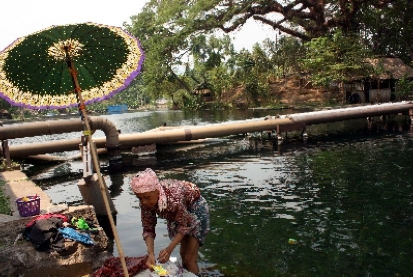 Seorang warga mencuci dengan memanfaatakan sumber air Umbulan di Winongan, Pasuruan, Jawa Timur.
