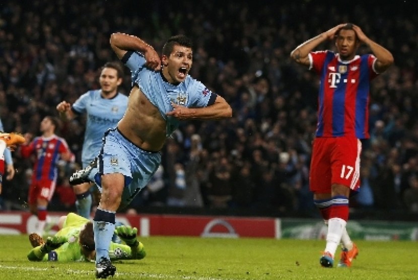 Sergio Aguero usai membobol gawang Bayern Muenchen.