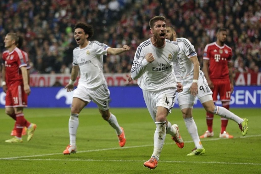 Sergio Ramos meluapkan kegembiraan usai menciptakan gol kedua ke gawang Bayern Munich di leg kedua semi final Liga Champions di Allianz Arena, Rabu (30/4) WIB dini hari